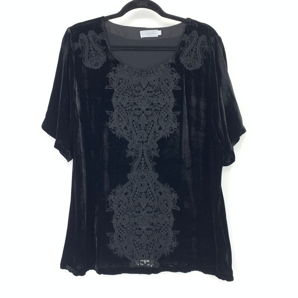 Johnny Was 4 Love & Liberty Silk Top Womens L Black Velvet Lace Applique Boho